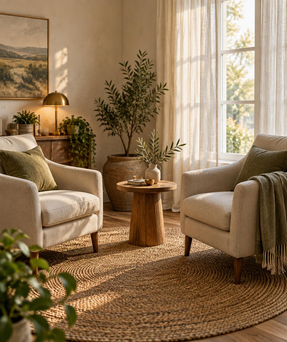 A warm, welcoming counselling room with two armchairs