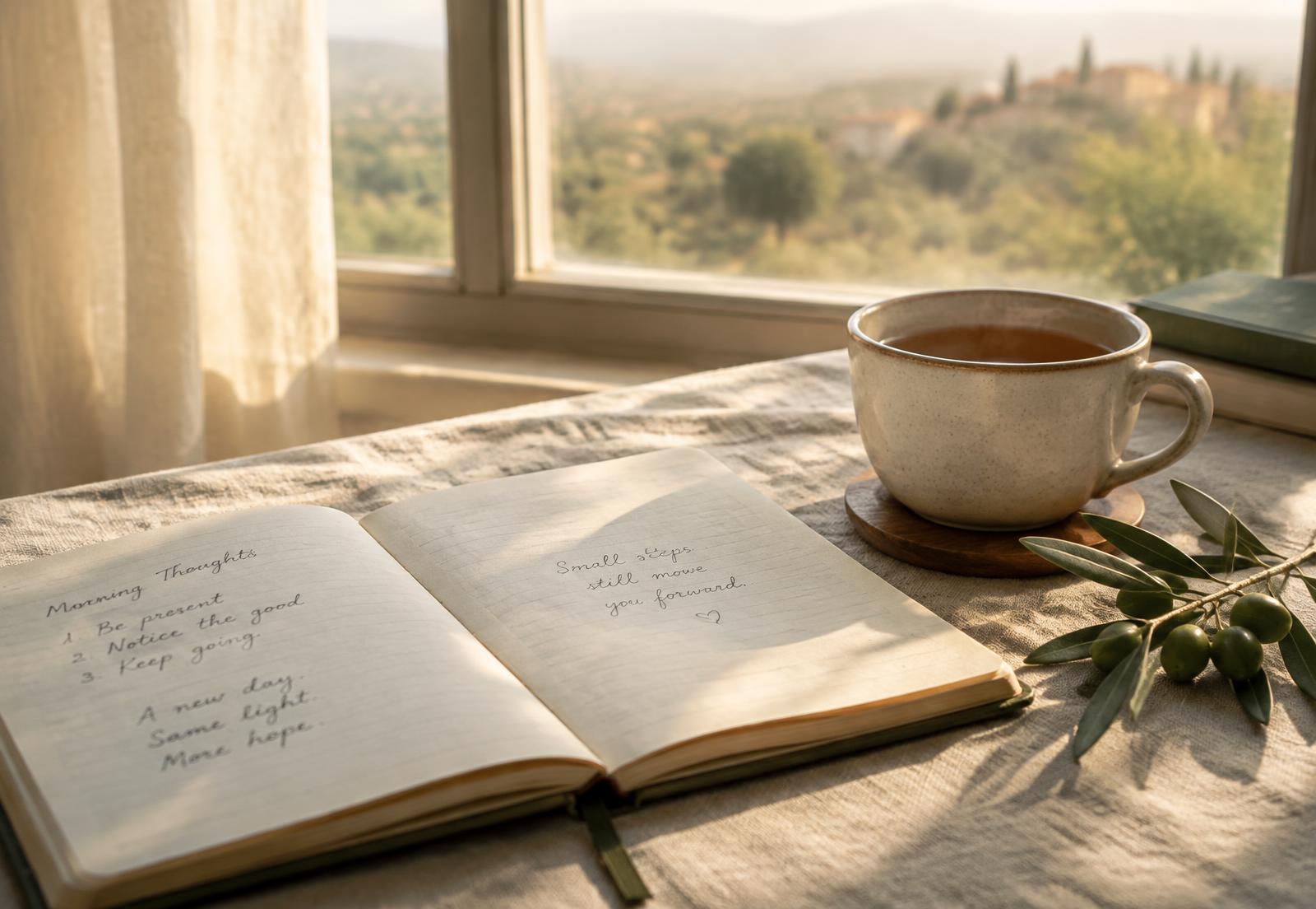 Morning light on an open journal, tea and an olive branch
